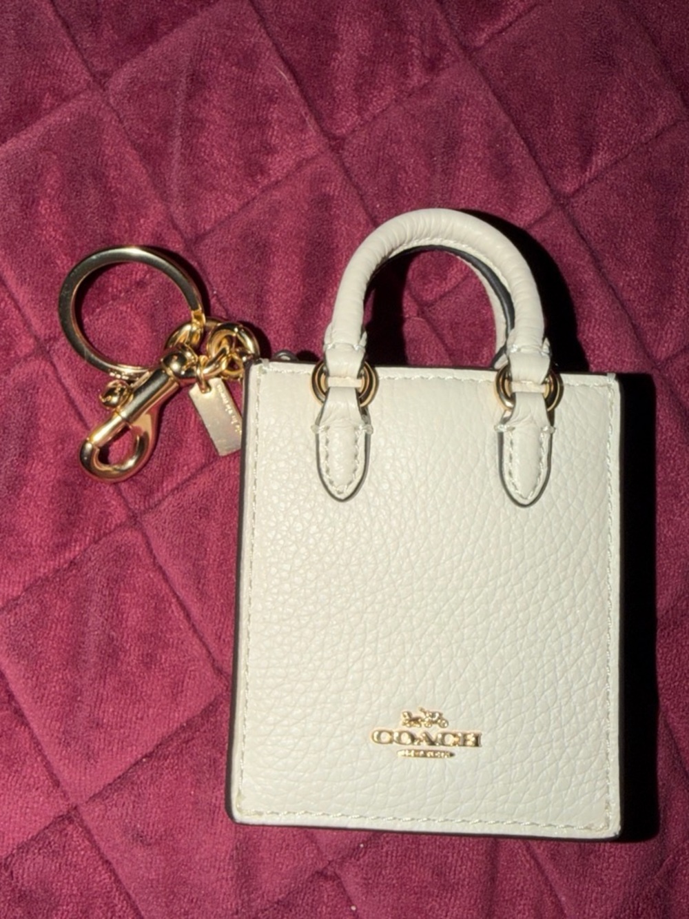 Coach White Leather Mini Tote Keychain with Gold Hardware